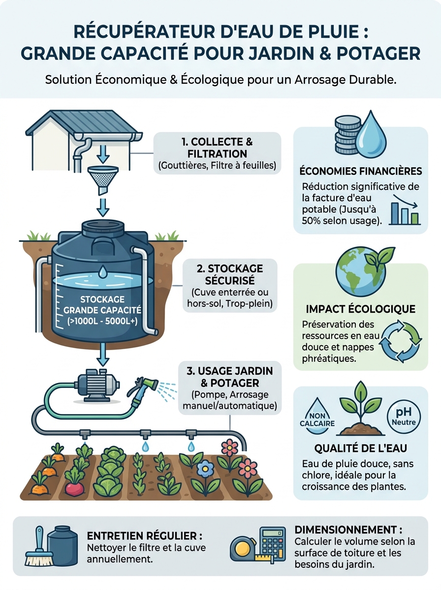 Infographie récupérateur eau de pluie grande capacité usage jardin potager