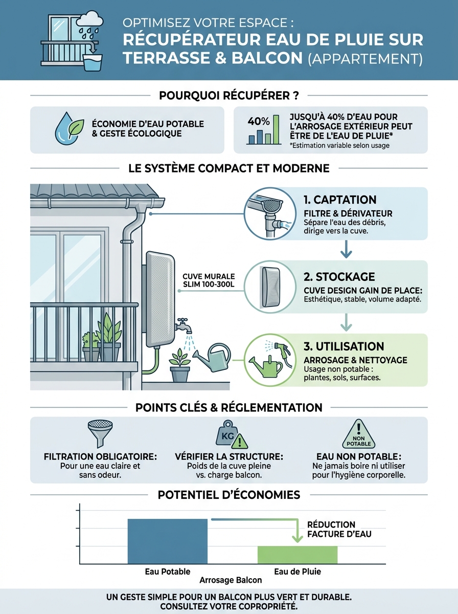 Infographie récupérateur eau de pluie terrasse balcon appartement