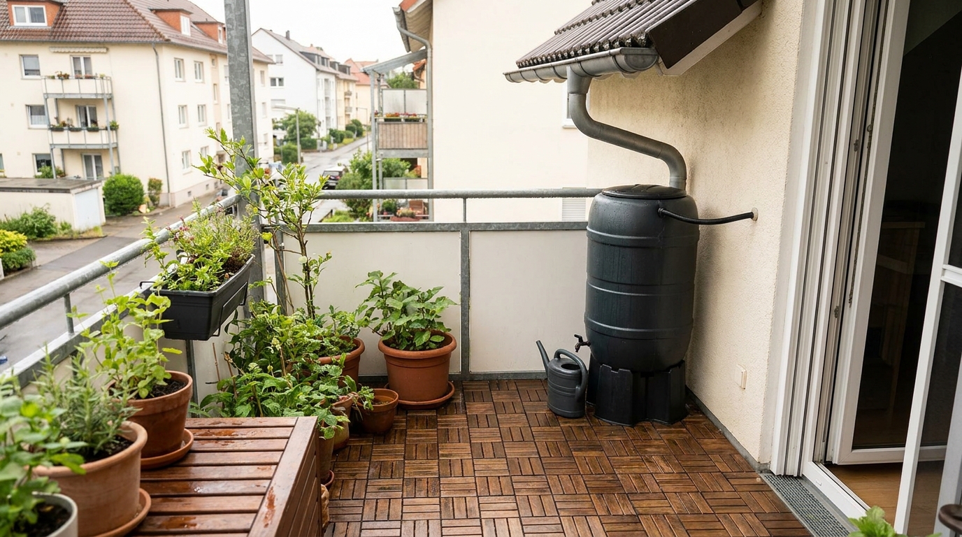 récupérateur eau de pluie terrasse balcon appartement en situation réelle
