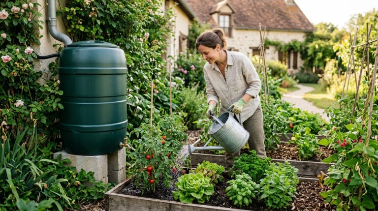 récupérateur eau de pluie arrosage potager jardinage - Image de couverture